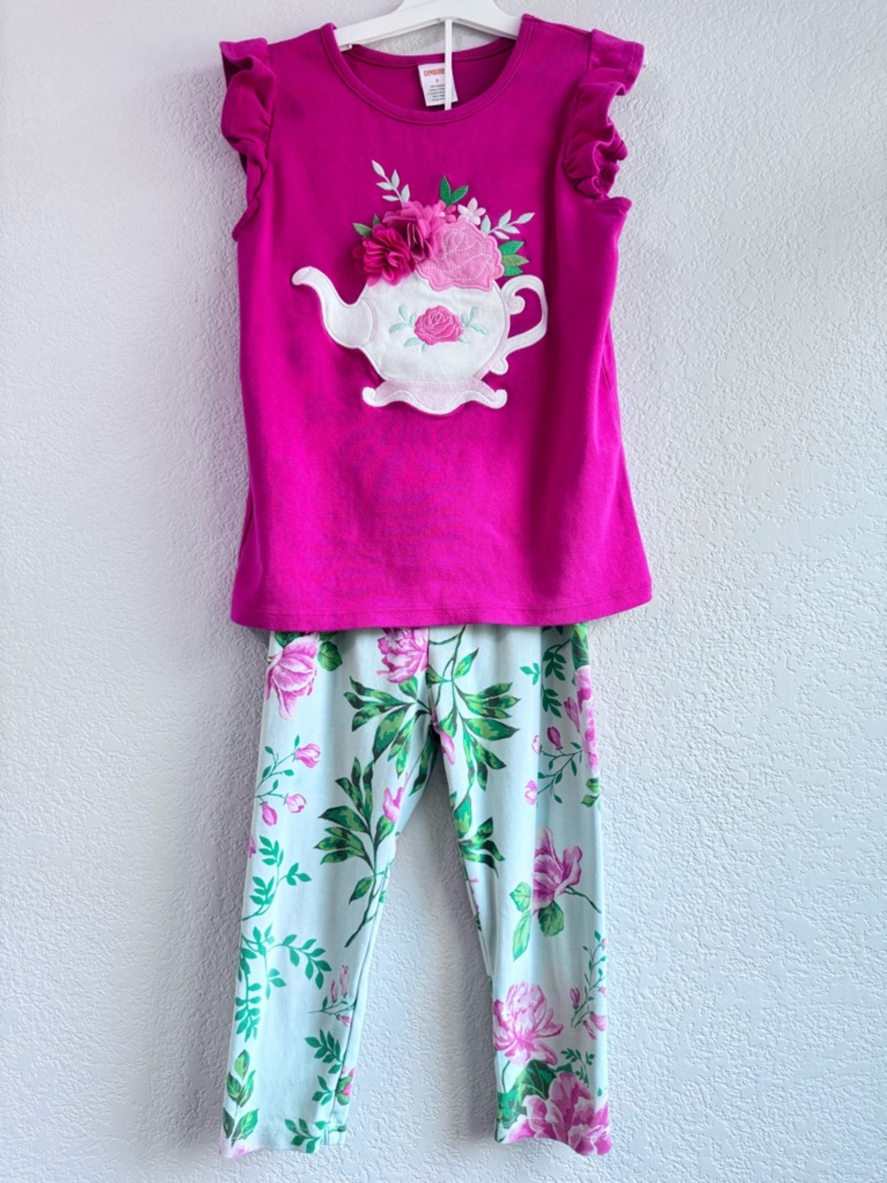 Gymboree Girls Tea Party Top & 2 Capri Leggings Lot Size 7/8 Pink Floral - Picture 5 of 16